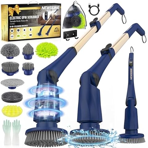 Electric Spin Scrubber Cleaning Brush - Power Shower Scrubber with Long Handle - Cordless Floor Scrubber with 8 Replaceable Brush Heads for Tub Tile Glass Grout (Blue Gold) Cover