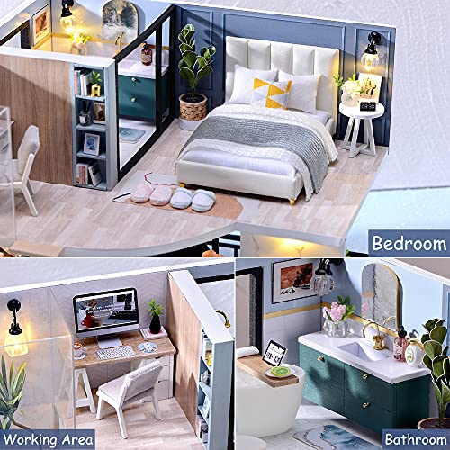 Image of TuKIIE DIY Miniature Dollhouse Kit with Furniture, 1:24 Scale Creative Room Mini Wooden Doll House Accessories Plus Dust Proof & Music Movement for Kids Teens Adults(Satisfied Time)