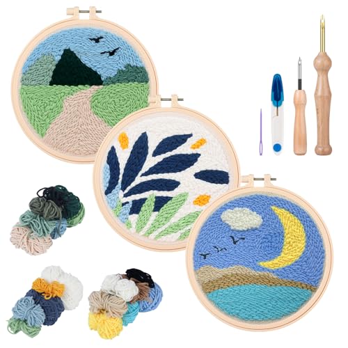 Image of Zuaooz 3 Sets Punch Needle Kits,Leaf Path Moon Punch Embroidery Kits for Adults Beginner, Tool with Punch Needle Fabric, Hoops, Yarns and Sewing Needles