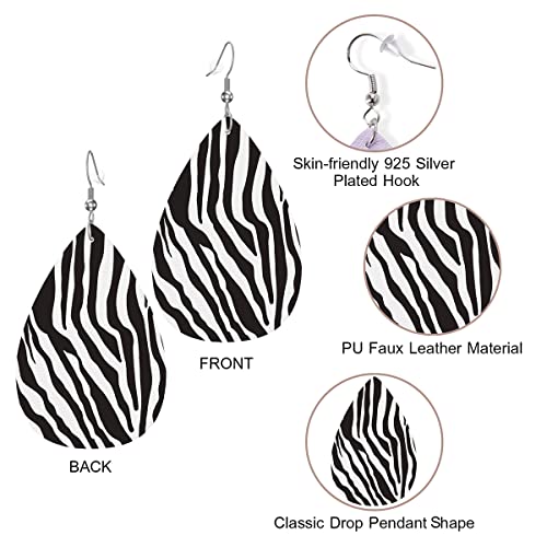 Zokola Zebra Print Womens Leather Earrings, Black White Tiger Stripes Animal Zebra Skin Charm Teardrop Faux Leather Dangle Earrings Sexy Earrings For Party Holiday Jewelry2