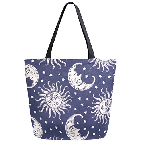 ZzWwR Chic Vintage Sun and Moon Stars Large Canvas Shoulder Tote Top Handle