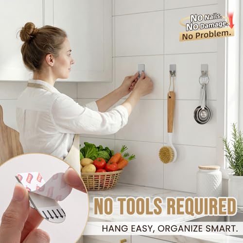 Image of TAILI Hooks for Hanging 10 Metal Sticky Hooks and 14 Adhesive Strips Silver