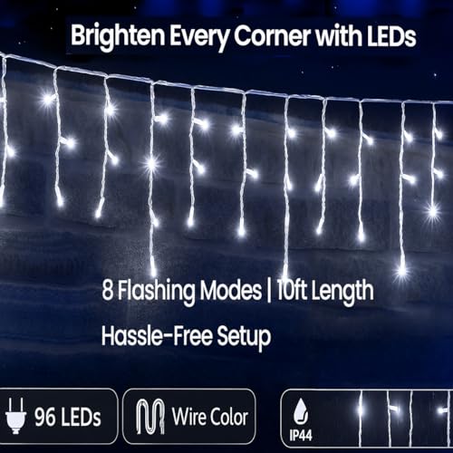 Image of MIRADH Icicle Diwali Lights Outdoor, 10ft 96 LED with 16 Drops Icicle Lights, Plug in Lights with 8 Modes Waterproof for Decoartion Light for Diwali, Christmas, Birthday, Ganesh Puja (White)