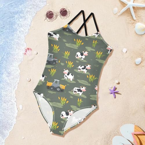 Cow Pattern Girls One Piece Swimsuits Summer Quick Dry Beach Bathing Suit3