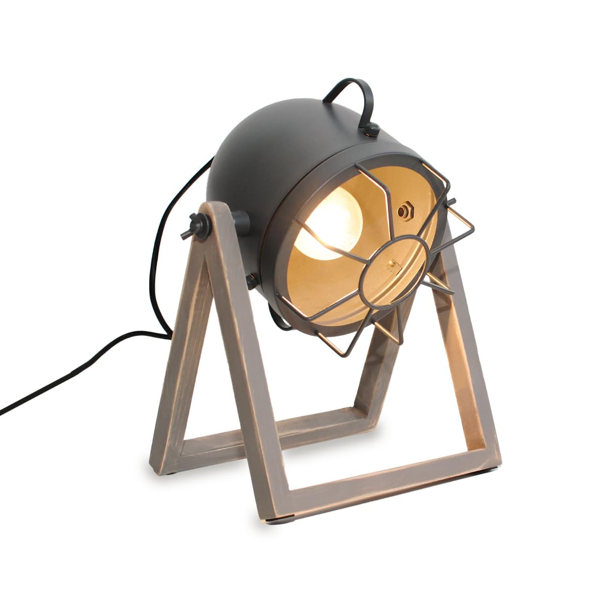 Alpinaluz Lámpara de Mesa Industrial con Foco Proyector E27, Base de Madera Natural Gris y Cabezal Orientable para Salón y Mesita de Noche