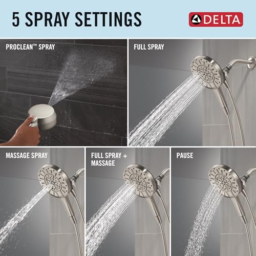Image of Delta 5-Setting In2ition 2-in-1 Dual Shower Head with Handheld High Pressure ProClean Spray, Brushed Nickel Detachable Shower Head with Hose, 1.75 GPM Flow Rate, Spotshield Brushed Nickel 75548SN