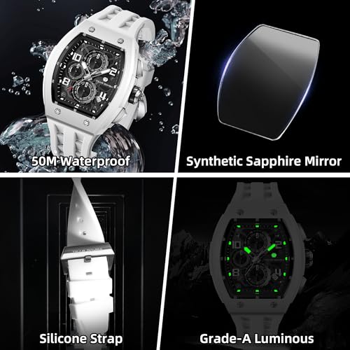 Image of TSAR BOMBA Mens Luxury Watch Watches for Men 50M Waterproof Japanese Quartz Movement Tonneau Stainless Steel Case Sapphire Glass with Chronograph Date Function Cool Unique Fashion Gift