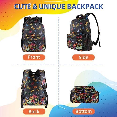 Butterfly Backpack for Girls Boys, Elementary Middle High School Bookbags for Teen Kids, Large Travel Laptop Back Packs for College Students Women Men, Durable Lightweight School Bags, Black2