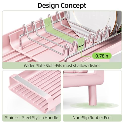 Image of TOOLF Small Dish Drying Rack, Mini Expandable Compact Dish Rack, Slim Extendable Stainless Steel Dish Drainer for Kitchen Plate Storage, Space Saving Dish Strainer in Sink or on Home Countertop, Pink