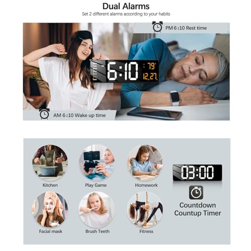 Image of EASEPRES 16 inch Digital Wall Clock with Remote Control - LED Display, Auto-Dimming, Countdown Timer, Temperature & Calendar - 12 /24 Hour Format, ABS Rectangle Design (White + Orange)