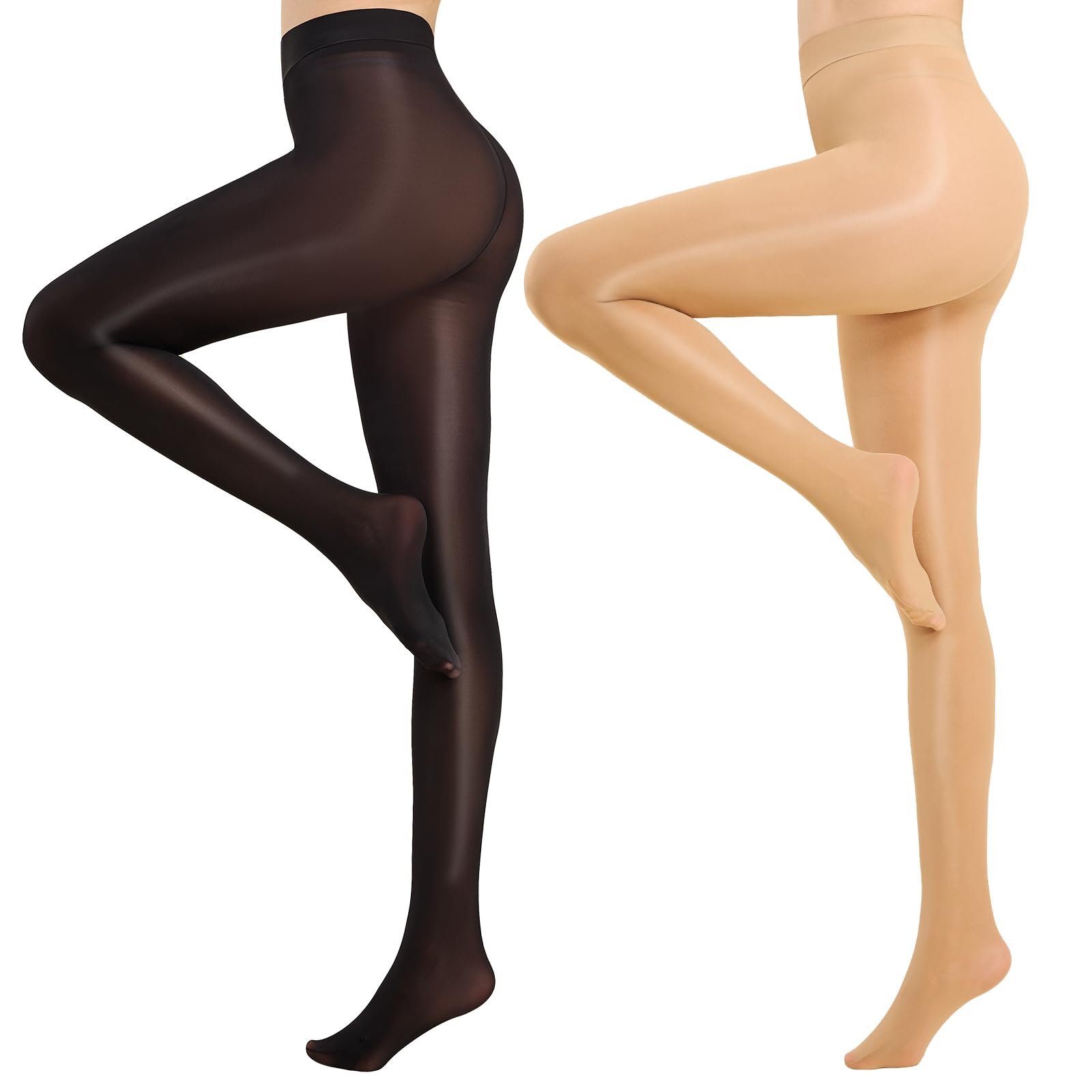 Manzi Women's 1Black 1Natural 2 Pairs Silky Tights For 15 Denier Run Resistant Shiny Pantyhose High-Elastic Stockings Black Natural L-Xl