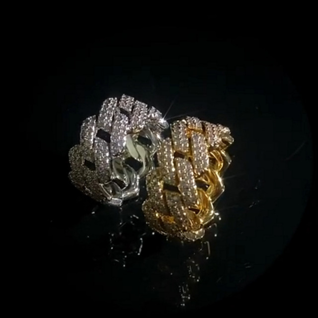 Apzzic 11mm Cuban Link Ring Iced Out 2 Row CZ Diamond Gold