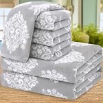 Towels pour salle de bains - Coton tendre, rapide, sec, léger, absorbant, 6 Ensemble de serviettes en pièces, 2 Bain 28"x52", 4 Ensemble de serviettes de bain décoratives grises, ensemble de serviettes pour douche, damas gris/blanc
