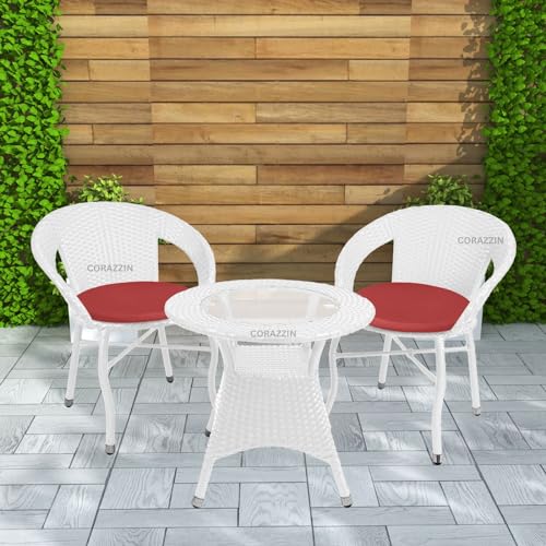 Image of Rattan Wicker Garden Patio Seating Chair and Table Set for Outdoor Balcony Garden Coffee Table Set Furniture with 1 Table and 2 Chair with Red Cushion (White)