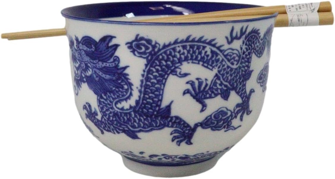 Ebros Gift Artistic Donburi Ramen Udon Noodles Soup Salad 5" D 18Oz Bowl With Bamboo Chopsticks And Built In Rest Set Asian Dining Kitchen Accent (Blue And White Oriental Ryu Dragon King) image 4