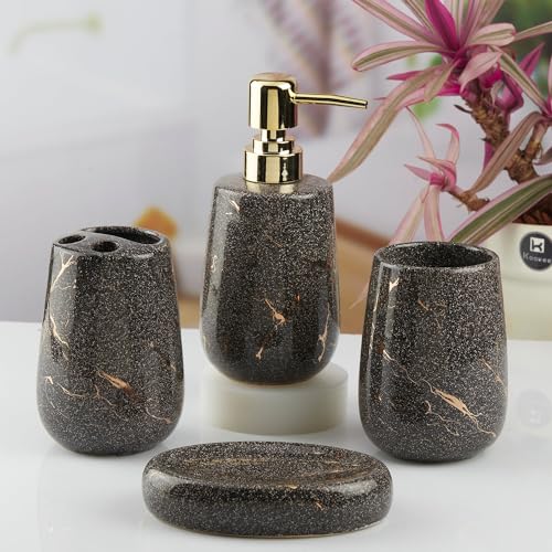 Image of Kookee Ceramic Bathroom Accessories Set 4 Piece | Soap Dispenser, Toothbrush Holder, Tumbler & Soap Dish | Modern Black Bathroom Organiser Set | Housewarming Gift (10428)