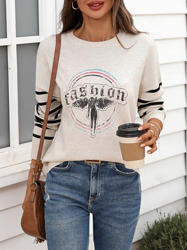 CORSKI Womens Graphic Sweater Striped Long Sleeve Knit Top Casual Fall Winter Fashion Lightweight Crew Neck Pullover3