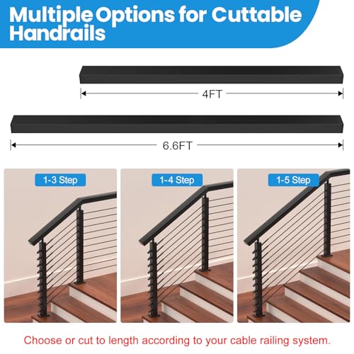Image of 2Pack 4' Rectangular Cable Railing Handrails, Black Stainless Steel Handrail with Nylon End Caps for Stair Cable Railing System, 4FT Flat Top Cuttable Deck Cable Rail Post Handrail, RG01-H