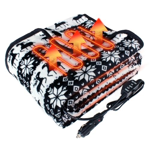 Image of 12-Volt Electric Heated Car Blanket,Portable Heated Blanket with 2 Level,Electric Blanket for Car,Truck,SUV (Black)