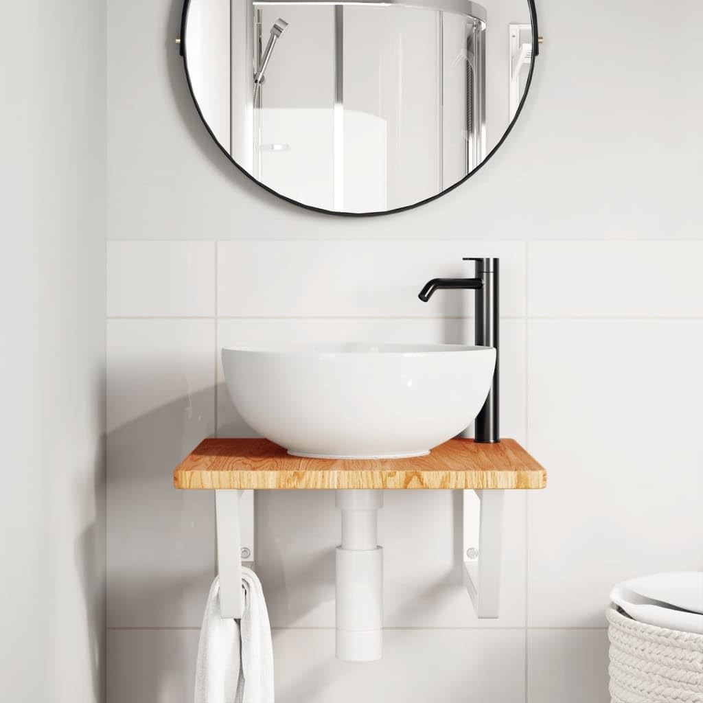 Piano per lavabo in legno di rovere massiccio con supporto in acciaio, 50 x 50 cm, trapezoidale, portata fino a 100 kg, soluzione salvaspazio per lavabo e WC degli ospiti, facile da montare