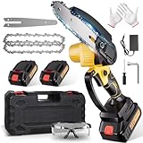 チェーンソー 充電式 21v 3.0Ahバッテリー2個 6インチ小型 電動チェーンソー 充電式チ ェーンソー 家庭用 ミニチェー ンソー 片手 軽量 強力 交換用チェン一つ付き 片手操作 ハンディチェーンソ ー 木工切断 薪作り 園芸設備 枝切り 庭木の剪定 竹の伐採 替刃付き 収納箱付き 日本語説明書/収納ボックス付 き (イエロー)