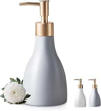 Refillable Gold Dispenser for Bathroom Countertop, Modern Dish Soap Dispenser Bottle for Kitchen, Ceramic Hand Soap Dispenser with Gold Pump for Liquid Laundry Shower 280ml Gray