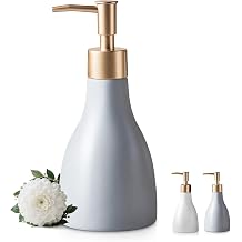 Refillable Gold Dispenser for Bathroom Countertop, Modern Dish Soap Dispenser Bottle for Kitchen, Ceramic Hand Soap Dispenser with Gold Pump for Liquid Laundry Shower 280ml Gray