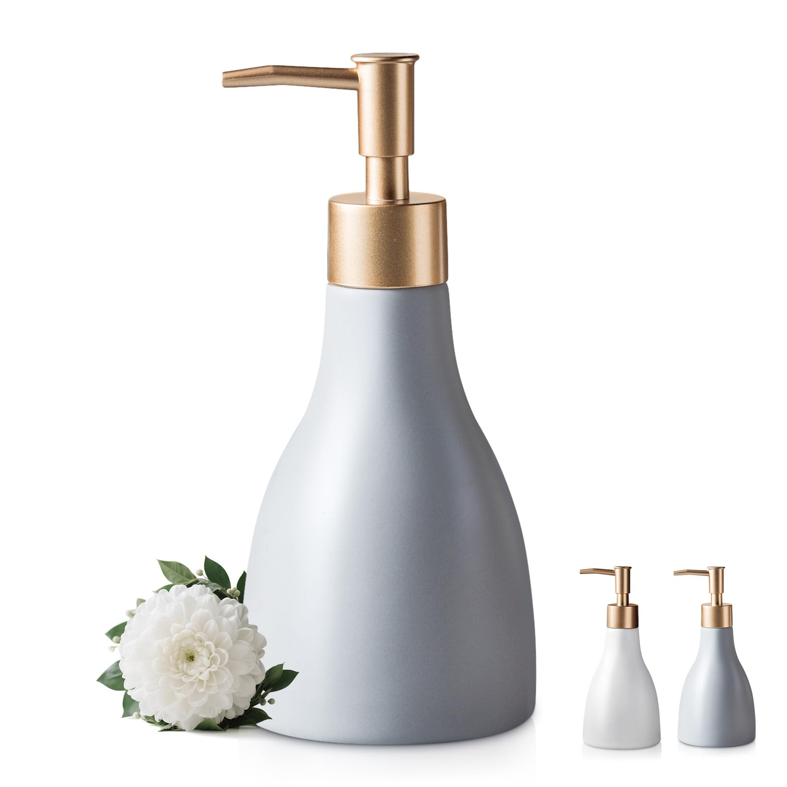 Refillable Gold Dispenser for Bathroom Countertop, Modern Dish Soap Dispenser Bottle for Kitchen, Ceramic Hand Soap Dispenser with Gold Pump for Liquid Laundry Shower 280ml (Gray)