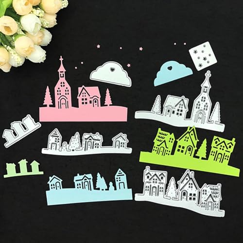 YKW Village House Castle Metal Cutting Dies Stencil Template Molds, Embossing Tool Die Cuts for Card Making Album Paper Scrapbooking DIY Etched Dies Craft, Special Price Die Cutting Metallic Silve