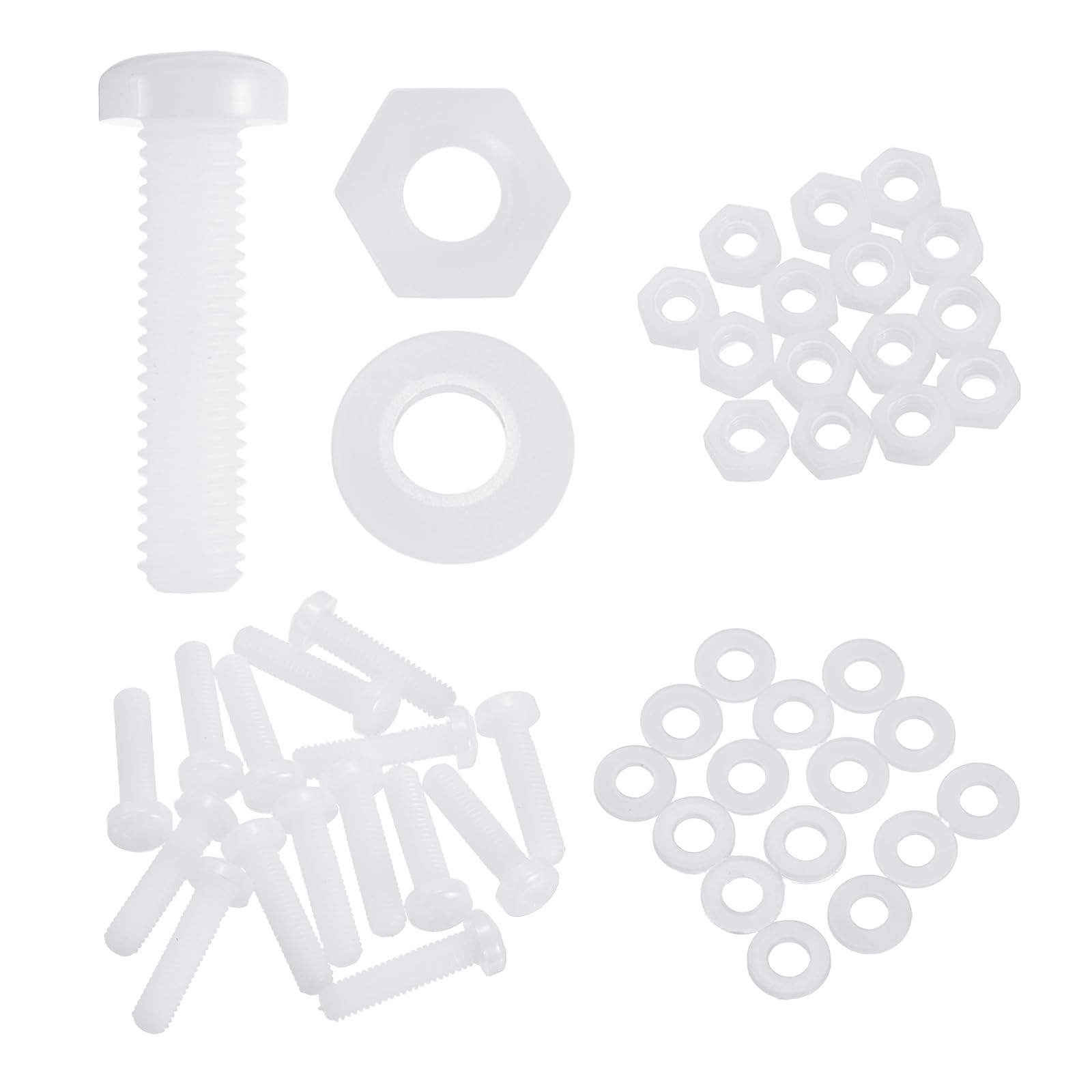 sourcing map 15 Set M6x25mm Nylon PA66 Plastic Cross Round Head Screw Phillips Bolts Hex Nuts Flat Washers Assortment Kit, Metric Full Thread Bolt Fasteners for DIY Machine Assembly, White