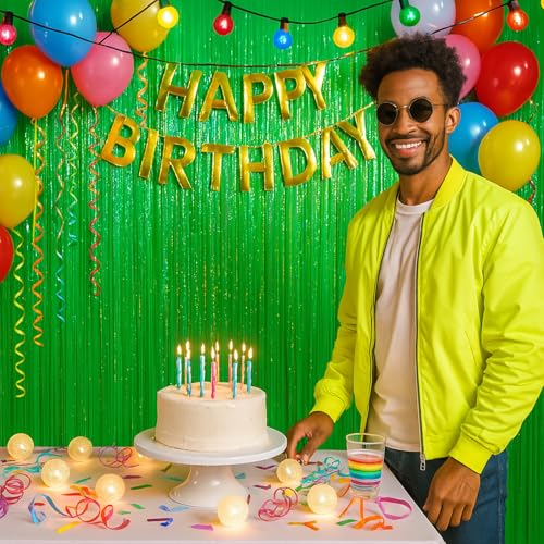 Image of Voircoloria 2 Pack Pastel Green Foil Fringe Backdrop Curtains, Tinsel Streamers Party Decorations, Fringe Backdrop for Baby Shower, Birthday Party