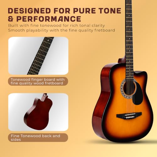 Image of INTERN Glossy 38 Inch Acoustic Guitar Kit for Beginners, Right Handed 6 String Cutaway Guitar with Spruce Top, Ebony Fretboard, Bag, Strap, Picks & Extra Strings (INT-38C-G)