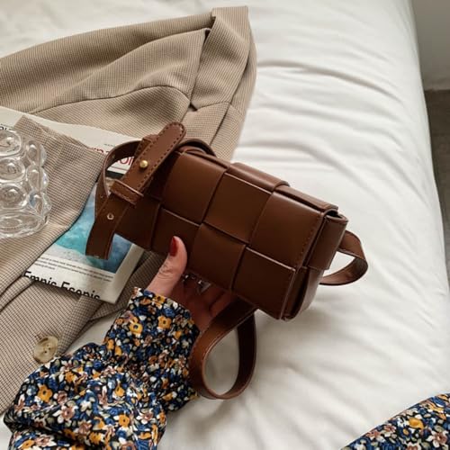Image of Mini Woven Crossbody Bag for Women, Square Shoulder Handbag Leather Clutch Purse Cute Fanny Packs with Adjustable Belt