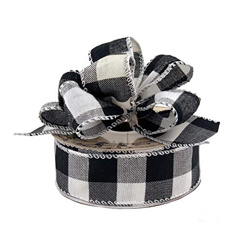 Image of Black White Buffalo Plaid Ribbon - 1 1 /2 inch x 10 Yards, Wired Edge Christmas Tree Ribbon, Rustic, Farmhouse, Wreath Decor, Craft Decoration, Gifts, Birthday, Halloween