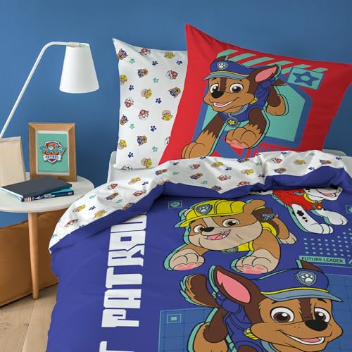 PAT PATROUILLE Parure de lit Enfant | 100% Coton | Oeko-TEX | Housse de Couette 140x200 cm + Taie d'oreiller 63x63 cm | Imprimé Garçon | Bleu