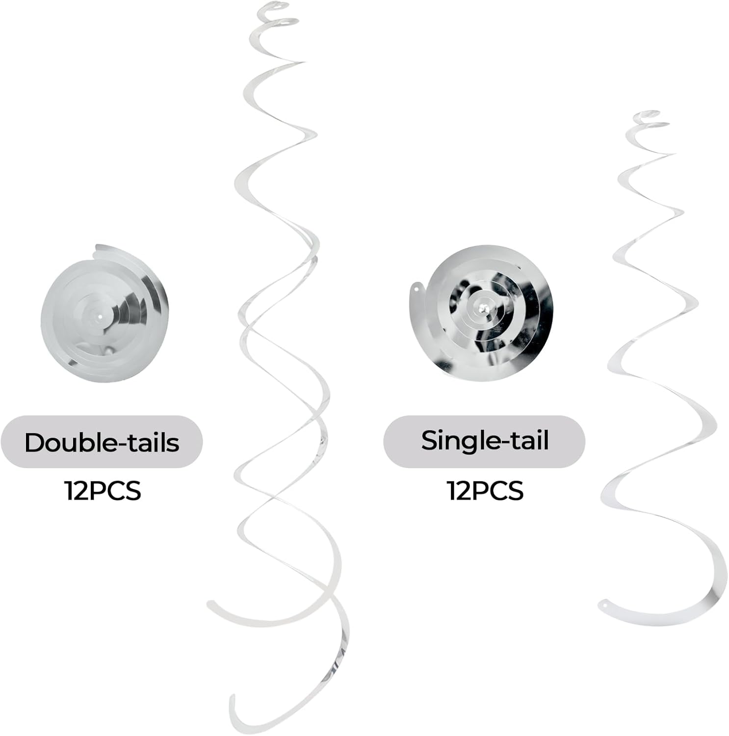 24 PCS Silver Foil Hanging Swirl, Sparkle Ceiling Hanging Decorations, Plastic Streamer Party Decorations, Swirl Decorations with Double-Swirls and Single-Swirls for Birthday,Happy New Years - Image 2