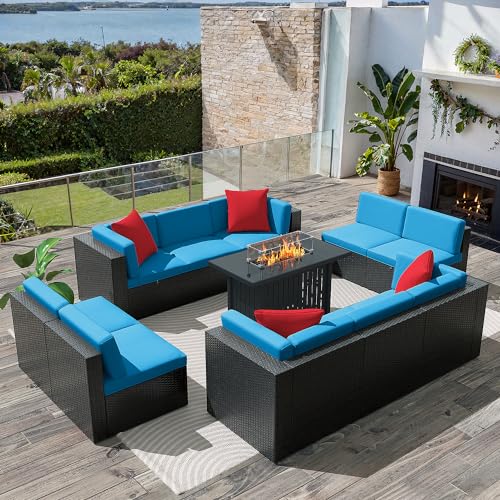 Image of Greesum Patio Furniture Sets 11-Pieces Outdoor PE Rattan Sectional Sofa w /43in Gas Fire Pit Table 55000 BTU Add Warmth to Gatherings Parties On Deck Garden Backyard,Blue