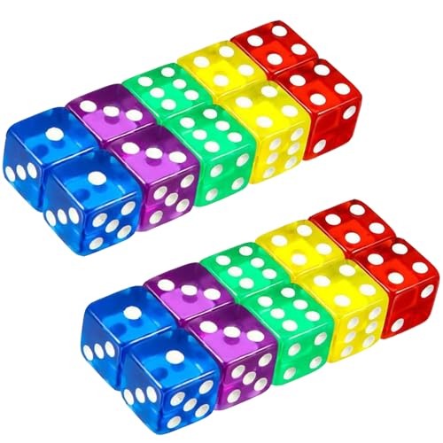 HREDZEO 20 Pcs 16mm Dados 6 Caras, 5 Colores Translúcidos, Juego de Dados para Juegos de Mesa y Enseñanza de Matemáticas