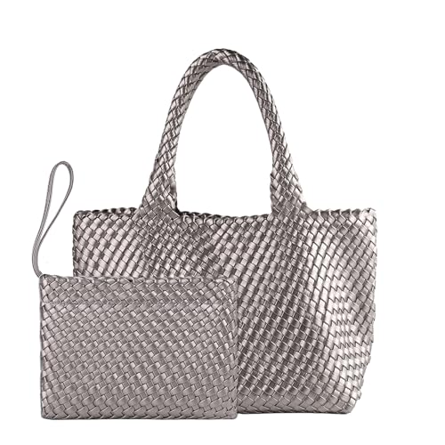 Image of Woven Tote Bag for Women Vegan Leather Handwoven Bags with Small Purse