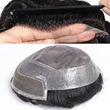 HAPPY&CC Men'S Toupee Swiss Lace Front Human Hair Pieces For Men Fine Mono Top With Pu Around Hair System Replacement #1B Off Black 6X8 Inch