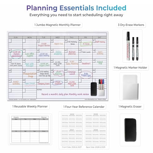 Image of Extra Large Magnetic Dry Erase Calendar for Wall, 25 inch x 38 inch Jumbo Monthly Whiteboard Calendar, Double-Sided Magnetic One Month Planner with Big Blocks, Reusable Wall Calendar for Office & Family
