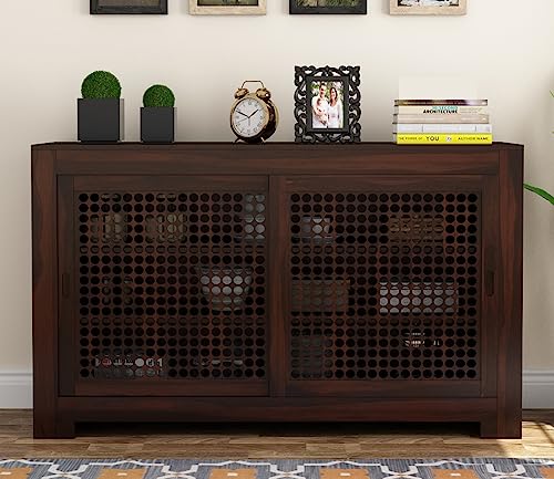 Image of Solid Sheesham Wood Wooden Sideboard Storage Cabinet : Ideal for Living Room and Bedroom with Without Drawers and 6-Shelf Storage (Hagborg, Walnut Finish)
