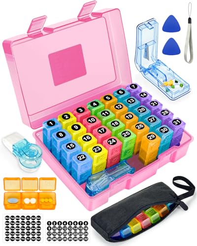 Monthly Pill Organizer 3 Times a Day Yonlog Large Medicine Box with Weekly Travel Bag Pill Cutter Easy-Open Pick Pill Taker Tool and 2 Medication Stickers (Pink 3 Times a Day)
