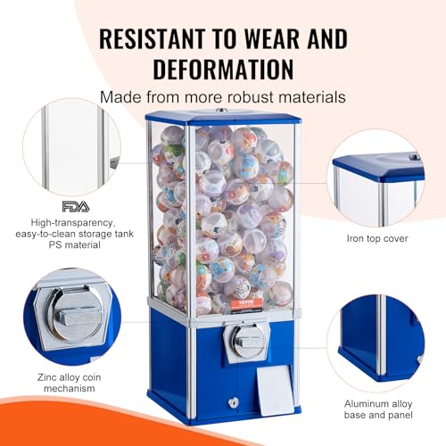 Image of VEVOR Gumball Machine for Kids, 25 inch Height Home Vending Machine, PS Bouncy Balls Dispenser, Hold 230 Capsule Toys, Rectangle Bubble Gum Machine for Game Stores, Coin Operated Gumball Bank, Blue