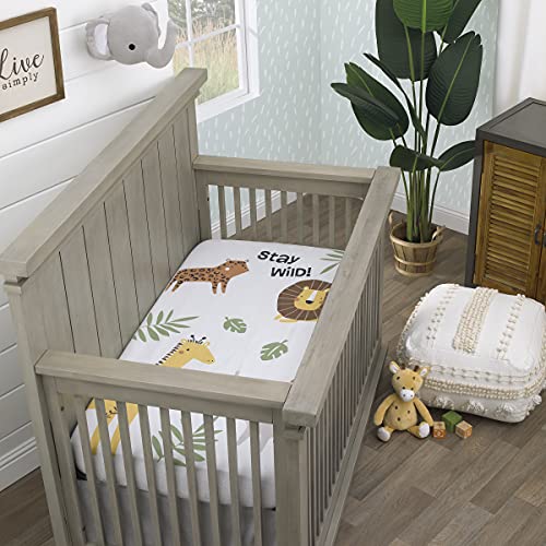 Image of NoJo Jungle Trails White, Green, and Gold Stay Wild Animal Print with Leaves Photo Op 100% Cotton Nursery Fitted Crib Sheet
