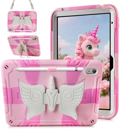ATESSON Case for iPad A16 11th Generation 11 Inch 2025/ iPad 10th Generation Case 10.9 Inch 2022 for Kids Girls with Pencil Holder Unicorn Stand Shoulder Strap Heavy Duty Shockproof Cute Pink Cover