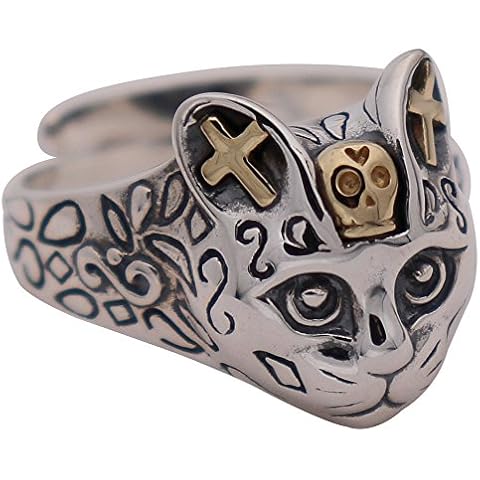 Vintage Two Tone 925 Sterling Silver Cat Head Ring with Golden Cross and Skull Biker Jewellery for Men Women Open and Adjustable Cover