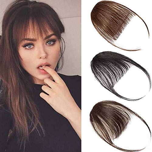 Klaiyi Human Hair Air Bangs Clip in Bangs Hair Extensions with Temples One Piece Clip on Front Bangs Hairpiece 100% Human Real Hair Fringe for Women (#4 Light Brown)