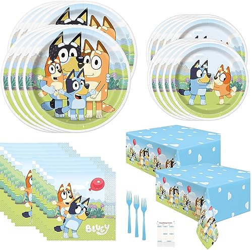 Unique Bluey Birthday Party Supplies Bundle for 16 Guests - 16 Dinner and 16 Dessert Paper Plates, 16 Napkins, 2 Plastic Table Covers, 18 Forks, Party Planning Checklist, Officially Licensed