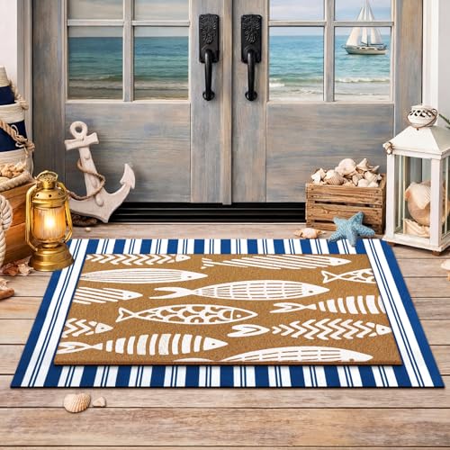 Drydiet 2 Pack Coastal Layered Doormat Set Nautical Fish Welcome Mat with Striped Outdoor Rug Double Layer Front Porch Entryway Mats Coastal Beach Summer Door Mat 23.6 x 35.4 & 16.9 x 28.7 Inch